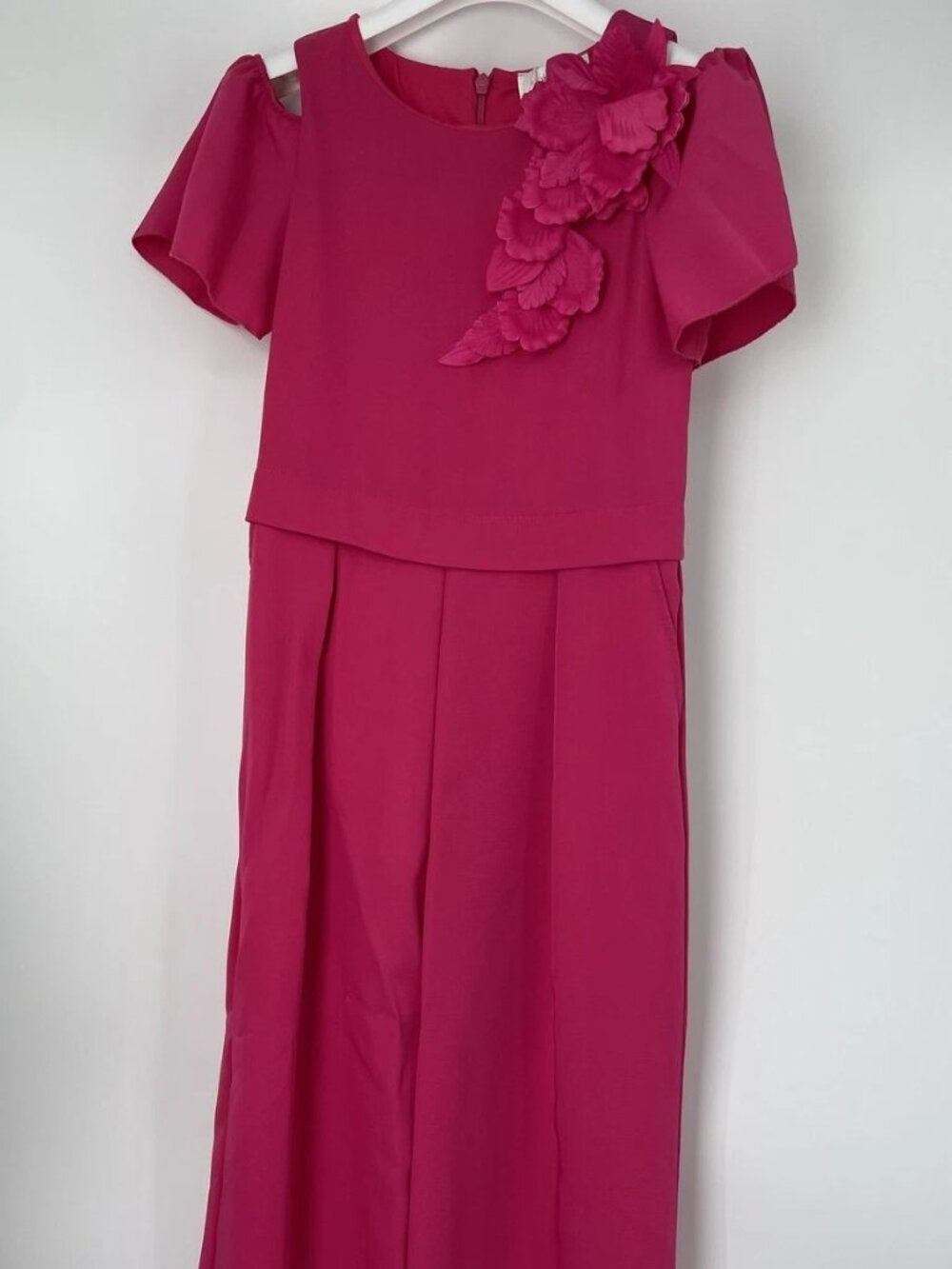 Monnalisa Girls Jumpsuit Fuscia Pink Size 8 Short Sleeve Floral Embellished